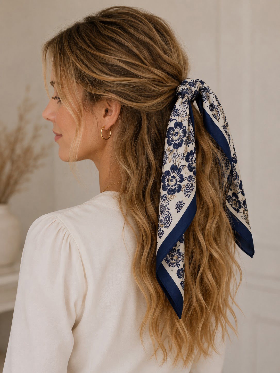 Foulard carré bleu marine à motifs patchwork 68 cm – Image 3