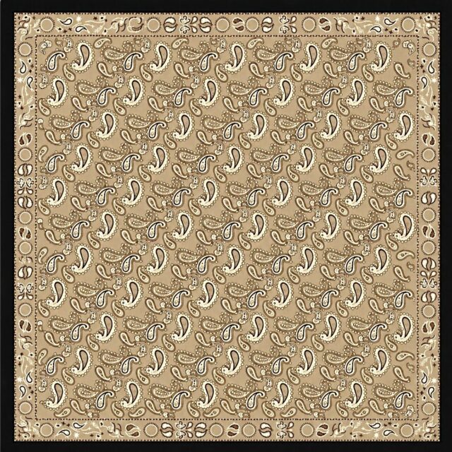 Foulard carré 68 cm camel beige marron à motif paisley et bordure noire