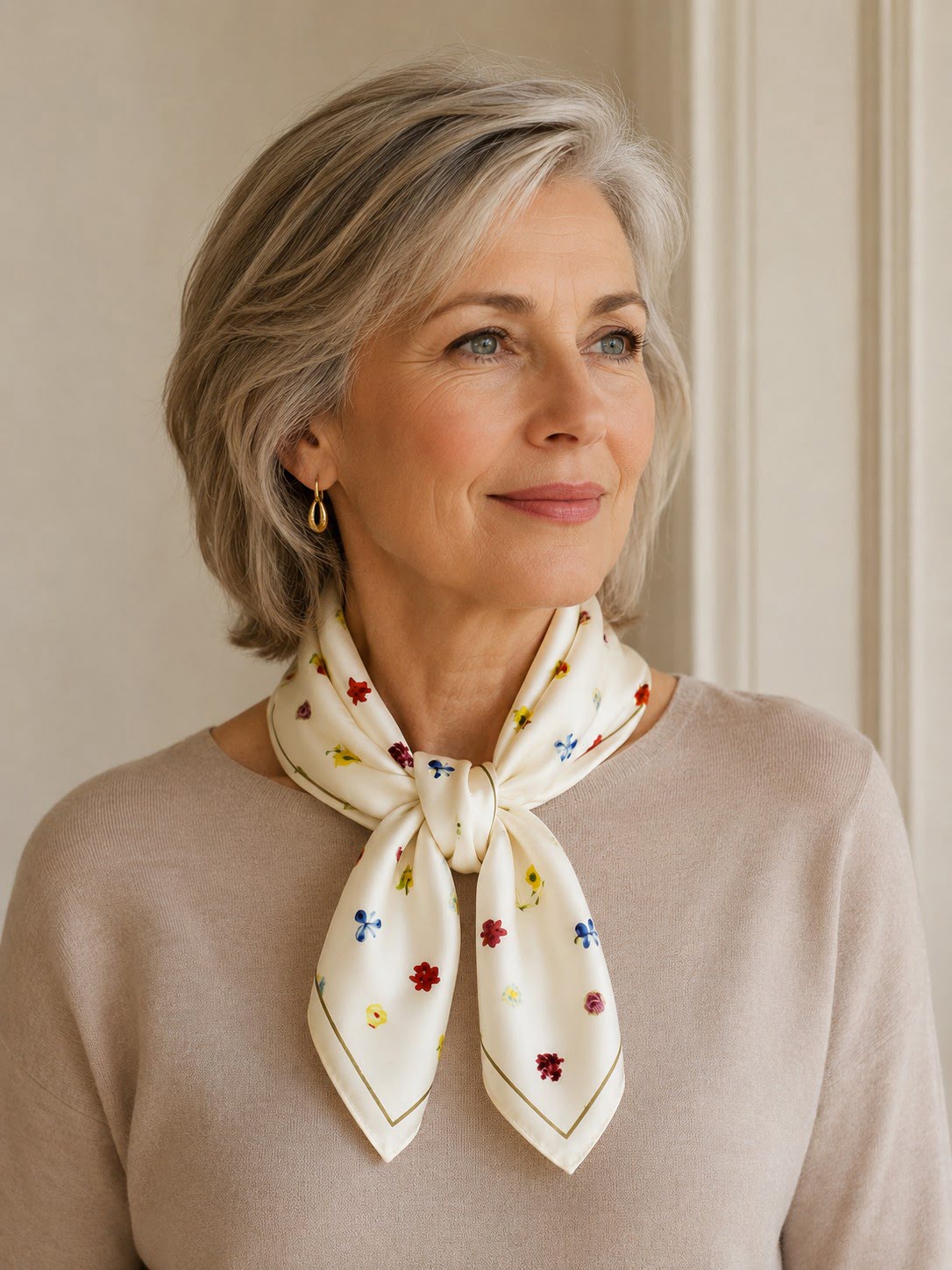 Foulard carré écru à petits motifs fleuris 68 cm – Image 2