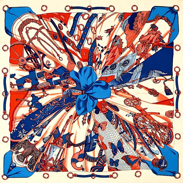 Foulard carré femme 130 x 130 cm en viscose motif graphique bleu foncé bleu clair rouge et écru