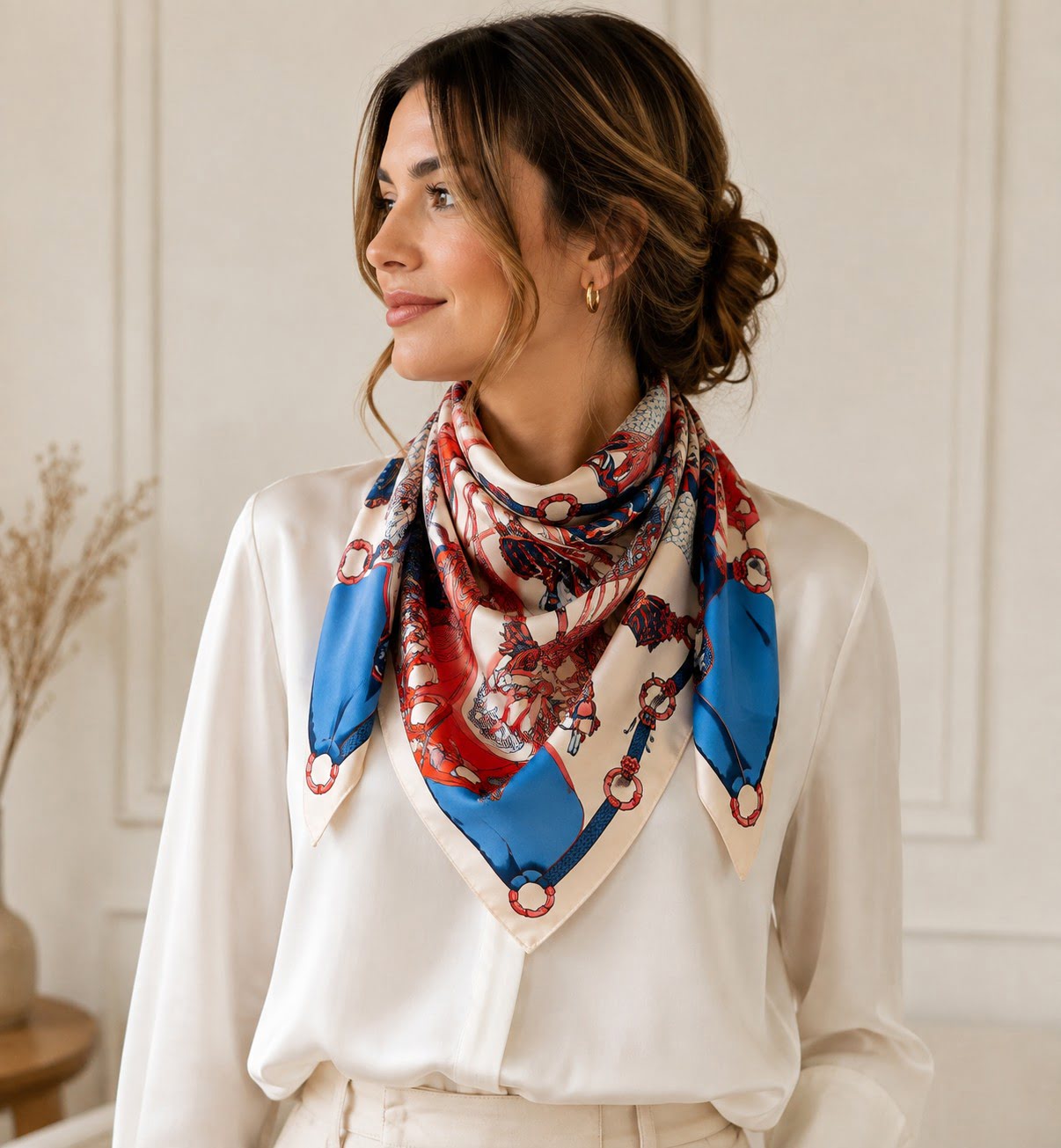 Foulard carré femme 130 cm imprimé graphique bleu et rouge – Image 3
