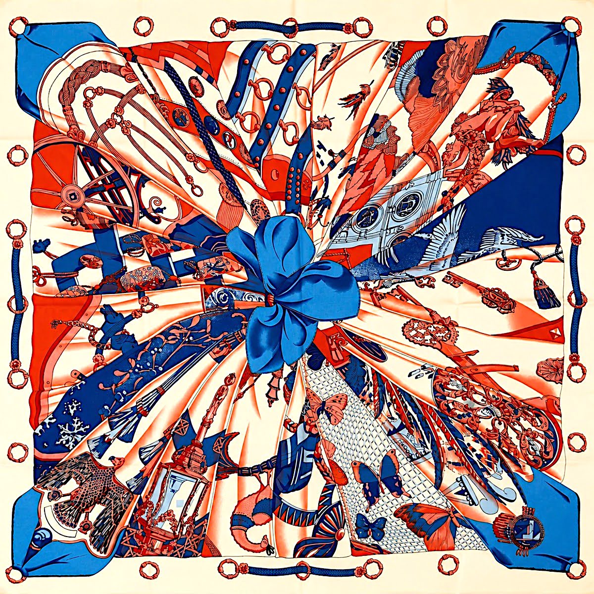Foulard carré femme 130 x 130 cm en viscose motif graphique bleu foncé bleu clair rouge et écru