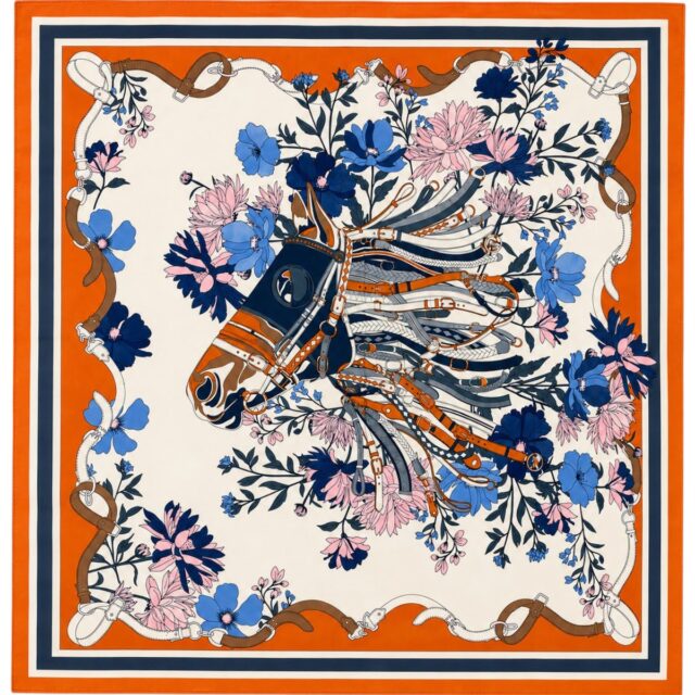 Grand foulard carré femme 130 x 130 cm en viscose motif équestre floral orange et bleu