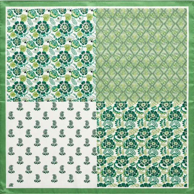 Foulard carré femme 68 cm vert à motifs floraux et bordure vert pomme satinée