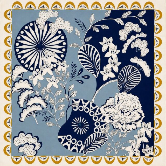 Foulard carré femme 68 x 68 cm en viscose motif floral bleu marine et bleu clair