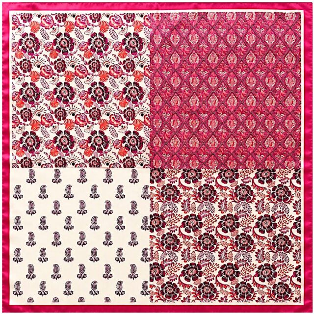 Foulard carré femme 68 cm satiné rose fuchsia à motifs fleuris et cachemire