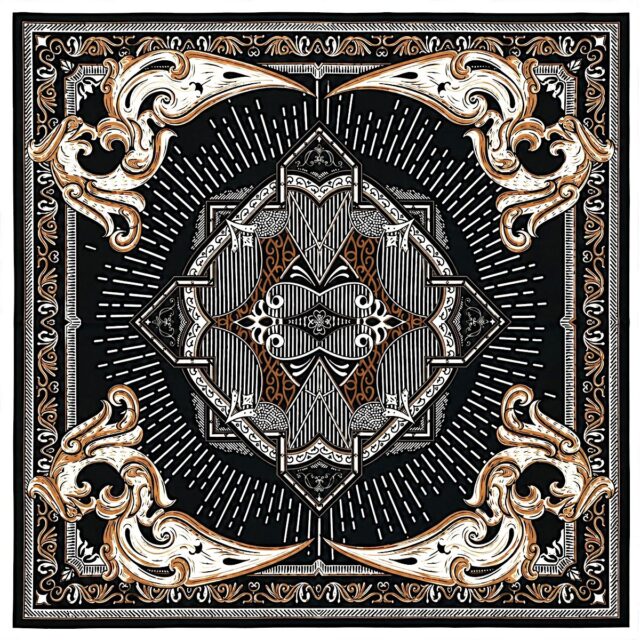 Foulard carré femme 90 x 90 cm noir en polyester à motif baroque écru beige et brun