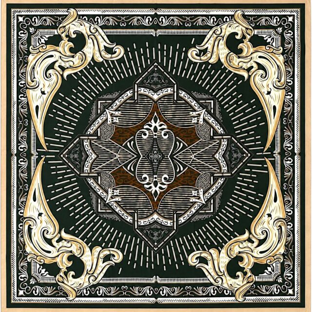 Foulard carré femme 90 x 90 cm vert foncé à motif baroque écru beige doré et marron