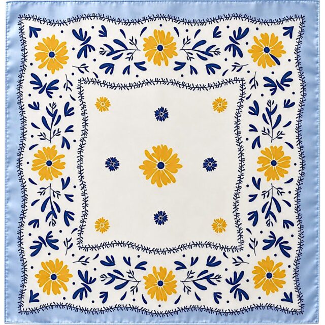 Foulard carré femme 68 cm blanc, bleu ciel et jaune à motifs floraux bleu marine