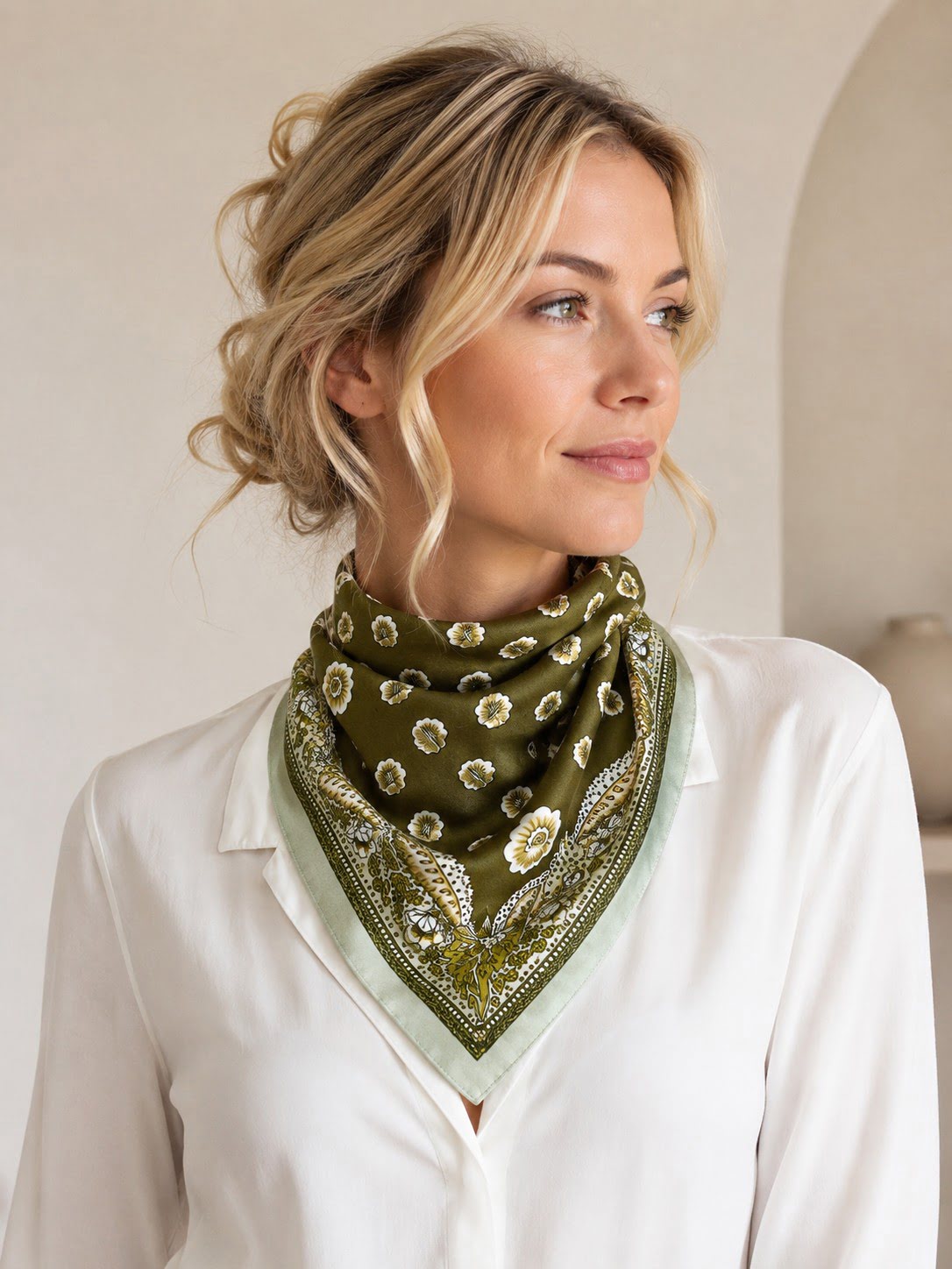 Foulard carré kaki et vert d’eau 68 cm – Image 2
