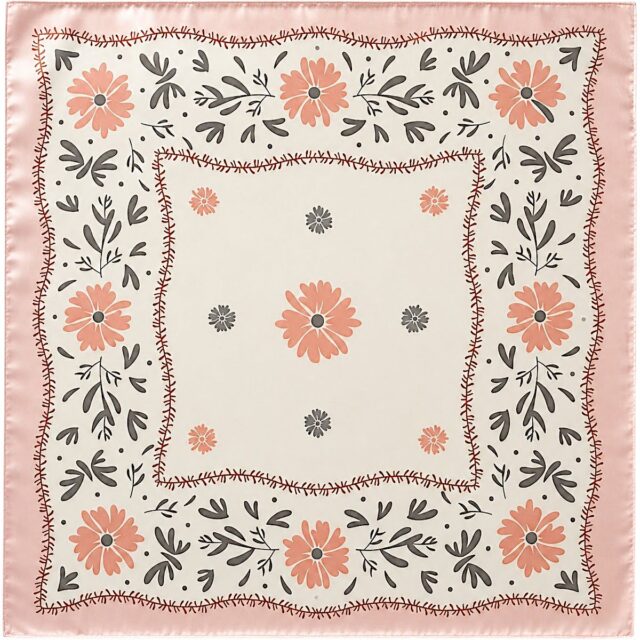 Foulard carré femme 68 cm blanc et rose pâle à motifs floraux gris et roses