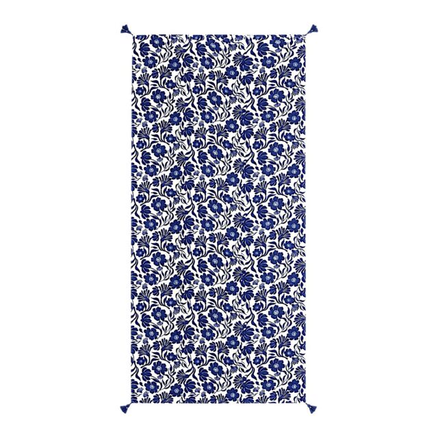Grand foulard femme 180 x 90 cm bleu et blanc à motif floral avec pompons