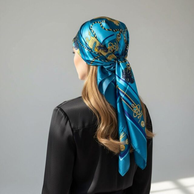 Foulard carré 90 cm satin turquoise, éclat impérial