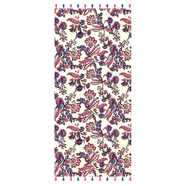Grand foulard femme 180 x 90 cm écru à motif floral multicolore avec pompons roses et bleus