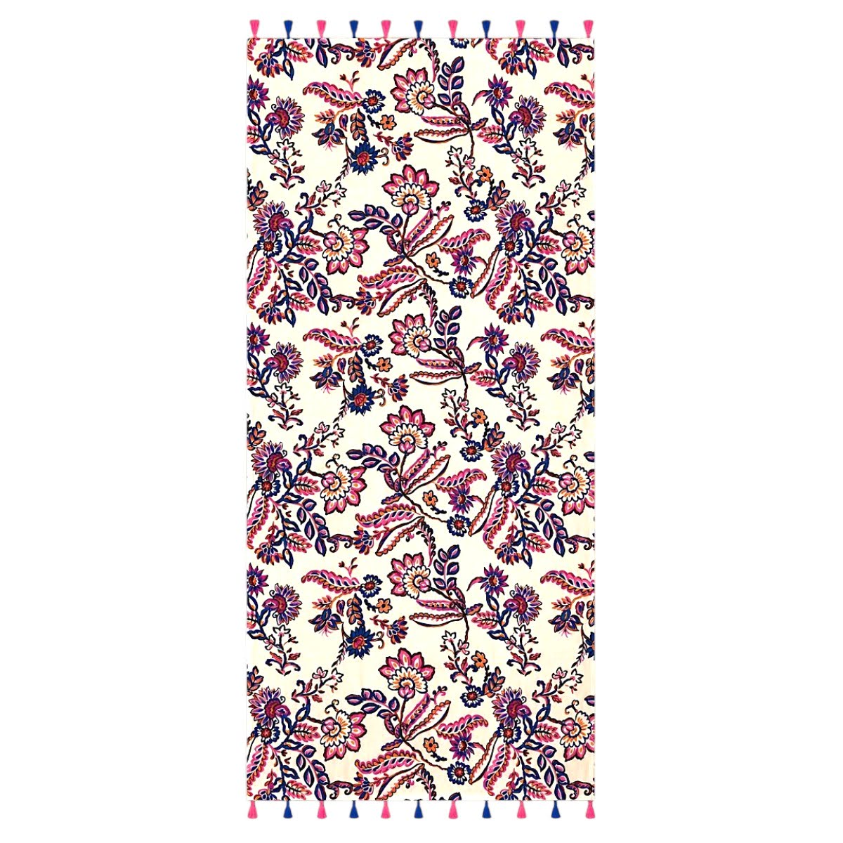 Grand foulard femme 180 x 90 cm écru à motif floral multicolore avec pompons roses et bleus
