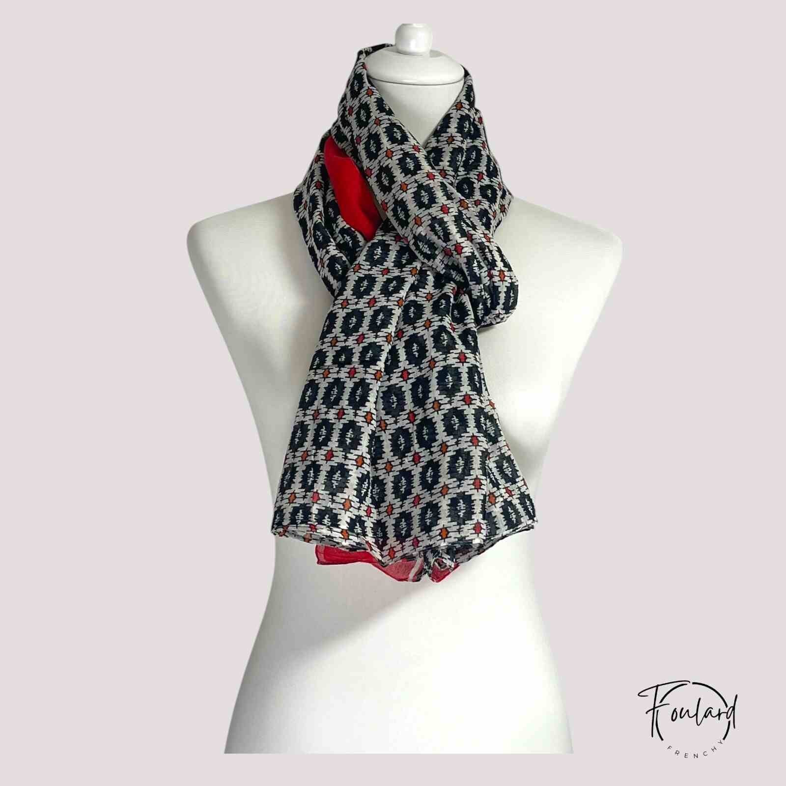 Foulard en coton, motif géométrique noir et rouge