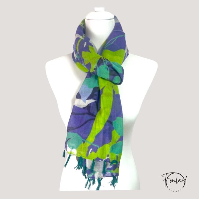 Foulard en coton, feuillage vert et violet