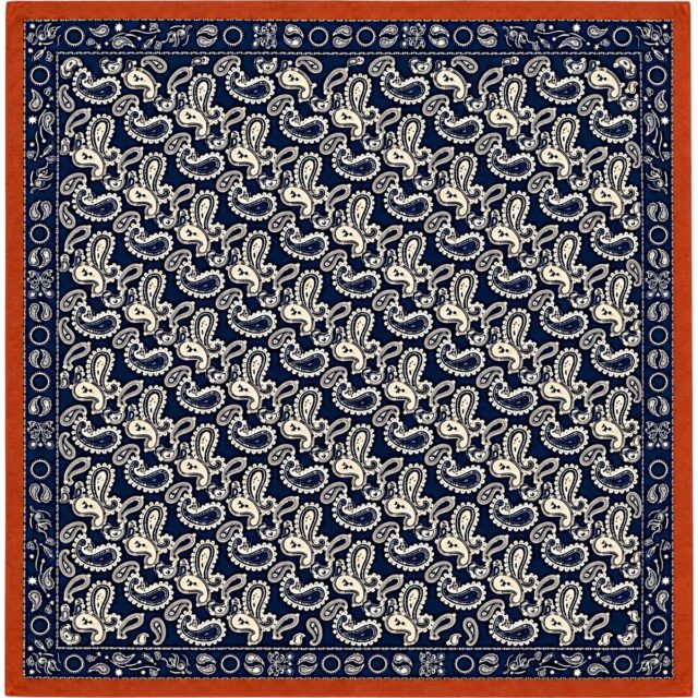 Foulard carré 68 cm bleu marine terracotta blanc et écru à motifs cachemire