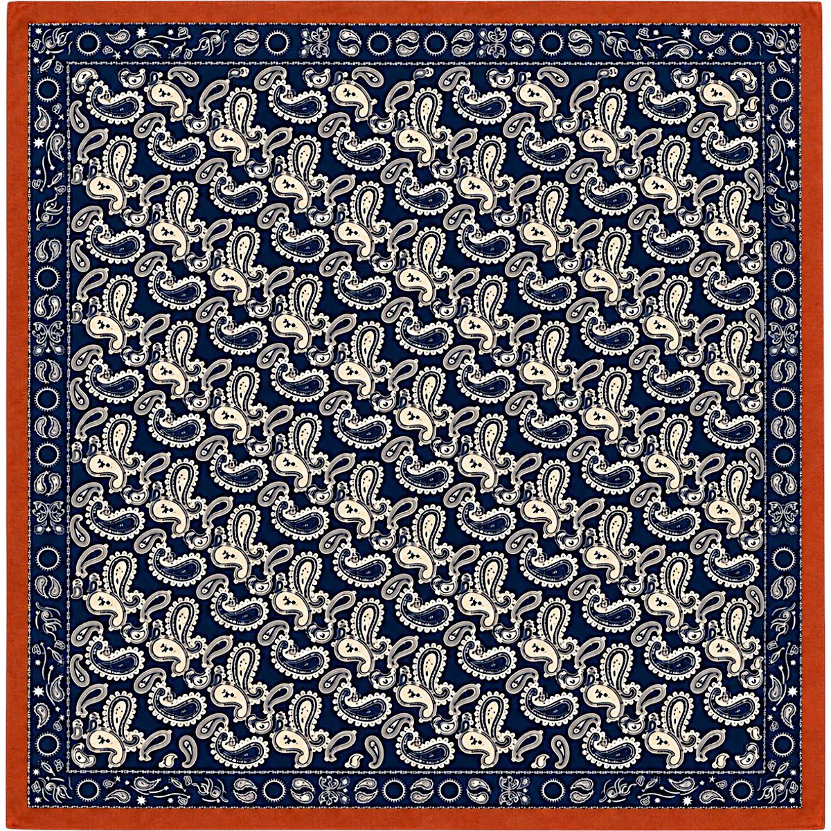 Foulard carré 68 cm bleu marine terracotta blanc et écru à motifs cachemire
