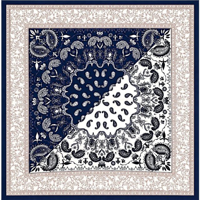 Foulard carré bleu marine motif cachemire écru et beige 68 cm en viscose