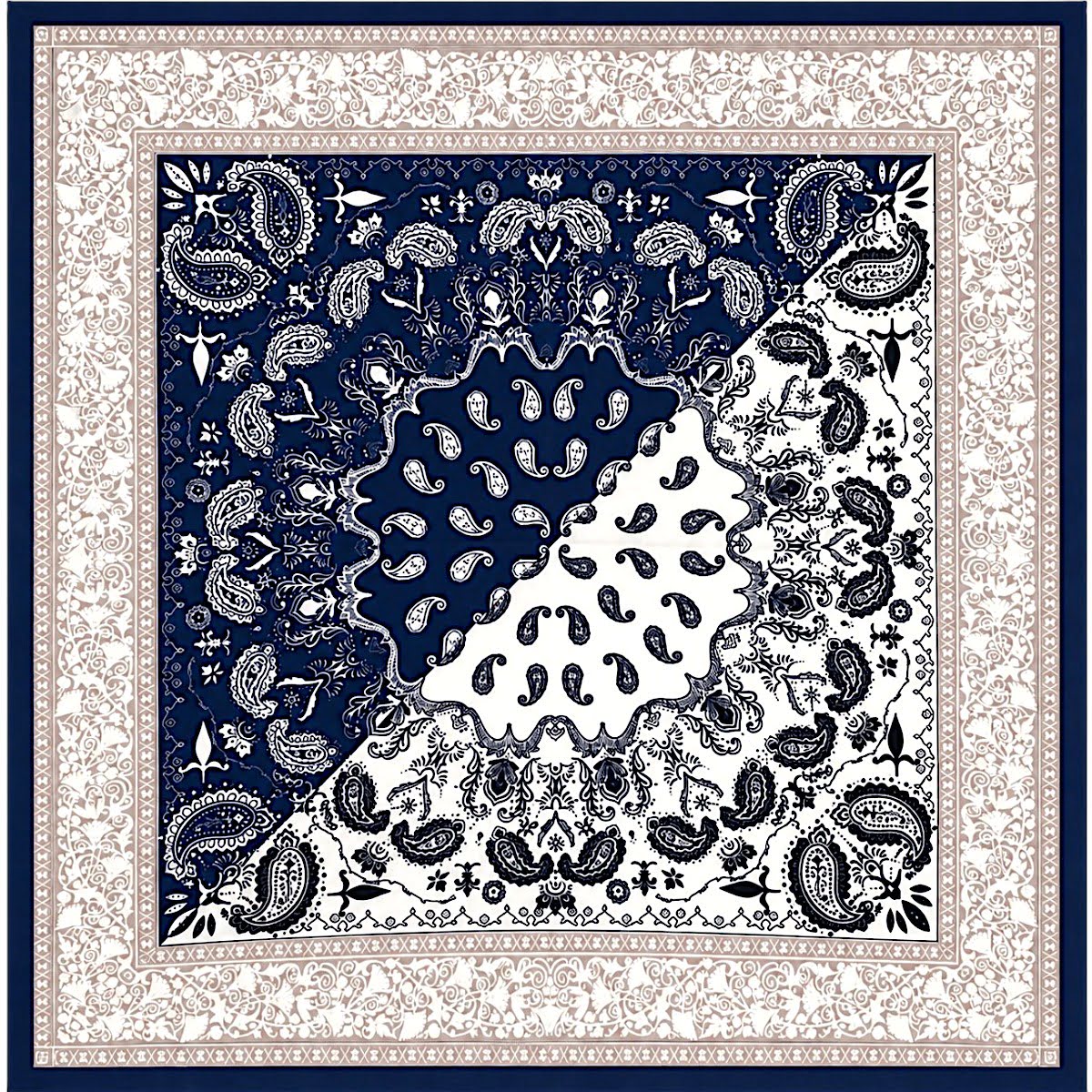 Foulard carré bleu marine motif cachemire écru et beige 68 cm en viscose