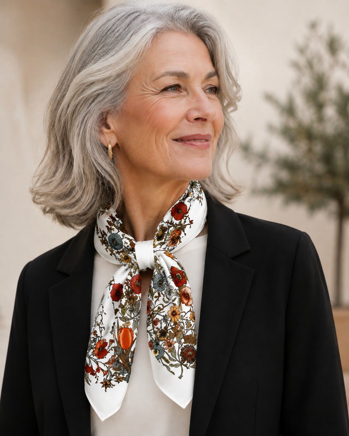 Foulard carré blanc à motifs fleuris 68 cm – Image 2