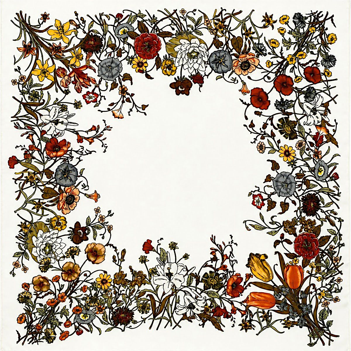 Foulard carré blanc fleuri 68 cm en viscose à motifs floraux multicolores