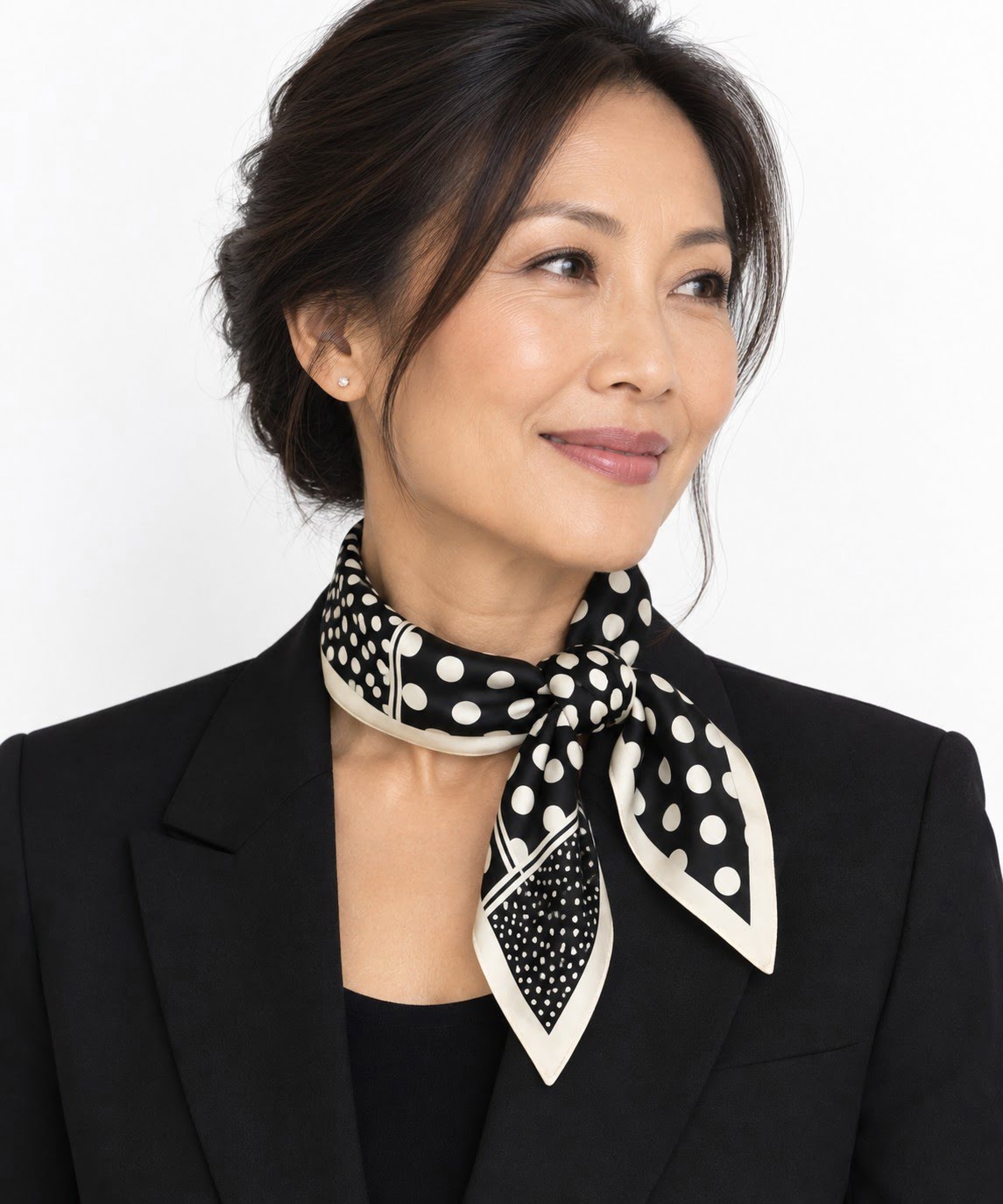 Foulard carré noir à pois écru 68 cm – Image 2