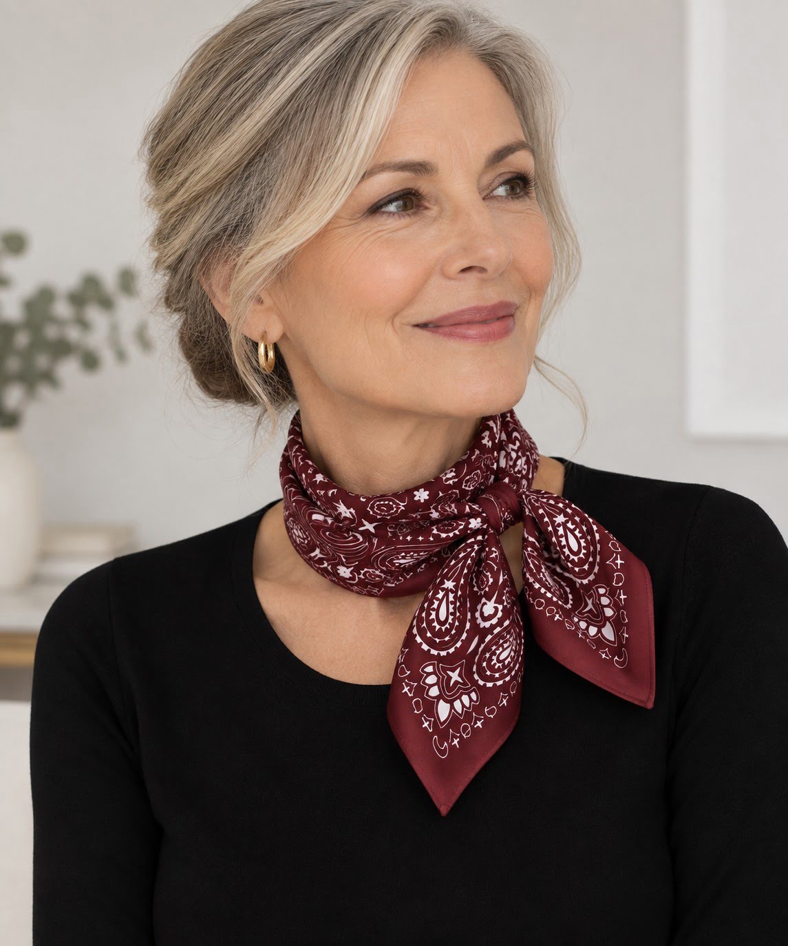 Foulard carré rouge foncé et blanc 68 cm à motifs – Image 2
